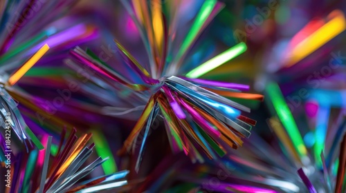 Colorful metallic tinsel strands reflecting bright light, creating a joyful and festive atmosphere for holiday celebrations and decorations