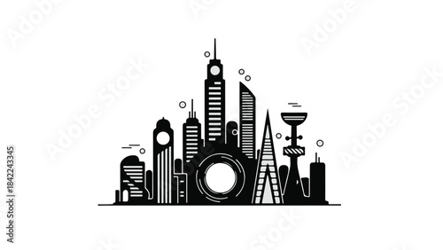 Modern city skyline with skyscrapers and buildings in black and white illustration style urban landscape