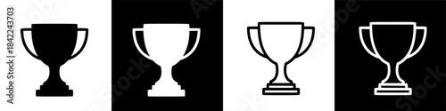 Minimalist White Trophy Icons on Black Background Symbolizing Achievement and Success