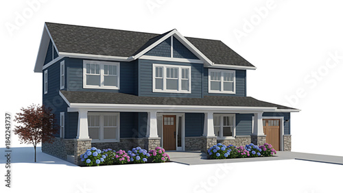 3D Render of Blue Modern American Craftsman Style Two-Story House with Stone Foundation and Landscaping.