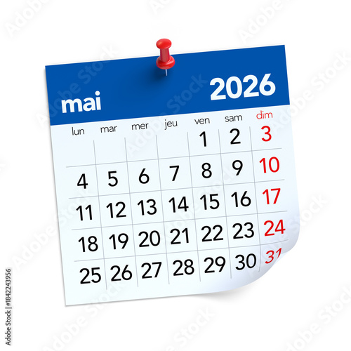 May 2026 calendar page pinned on white wall