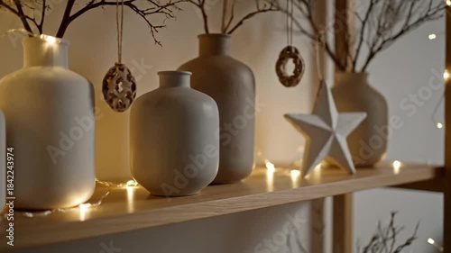Cozy and Modern Holiday Decorations with Warm Fairy Lights on a Shelf.