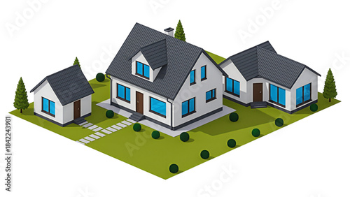 3D Render of Modern Suburban Houses and Garden in Isometric View