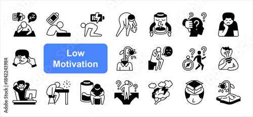 Low Motivation icon set with Weariness, Fatigue, Low energy, Demotivated, Uninspired, Procrastination, Sluggish simple vector.