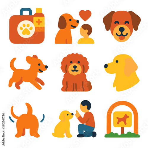 Wagging tails and first aid kit in a group comforting scene suitable for veterinary care or pet healthcare services.