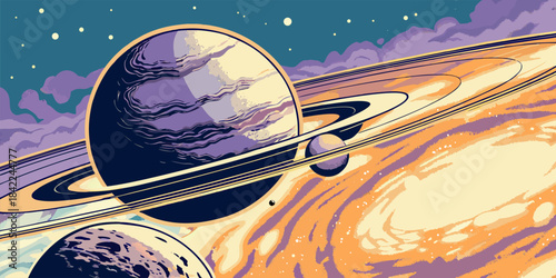 Colorful Planetary System with Orbiting Celestial Bodies