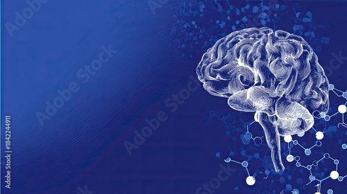 detailed illustration of brain on blue gradient background, featuring abstract molecular structures, representing neuroscience and cognitive science concepts