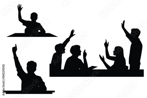 Silhouettes of students raising hands in classroom