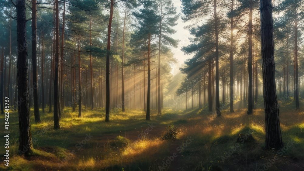 Obraz premium Sunlight filtering through tall pine trees in a serene forest.