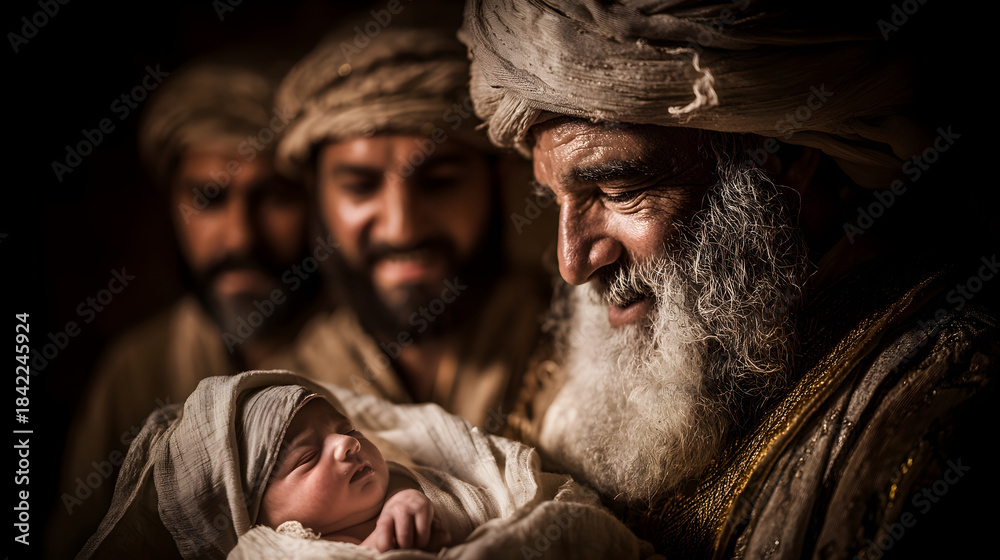 Obraz premium Three Visitors Coming to Visit the Baby Jesus: Shepherds or Wisemen