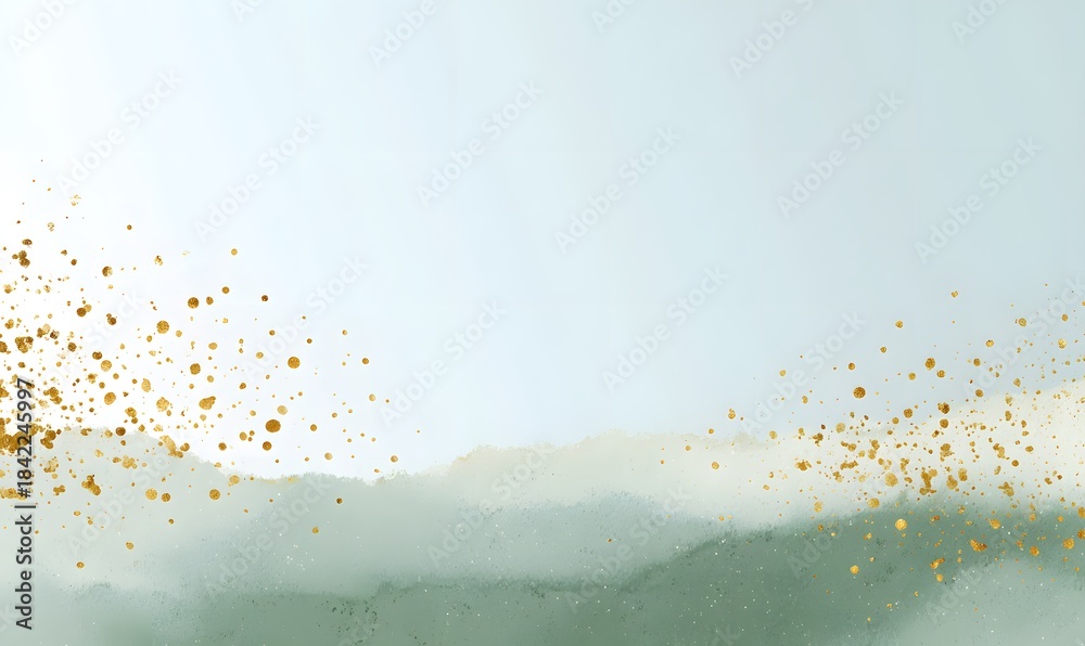 Fototapeta premium Minimalistic horizontal background to match a green and gold color palette, soft white surface with subtle sage green undertones and gentle gold speckles, a calm and elegant