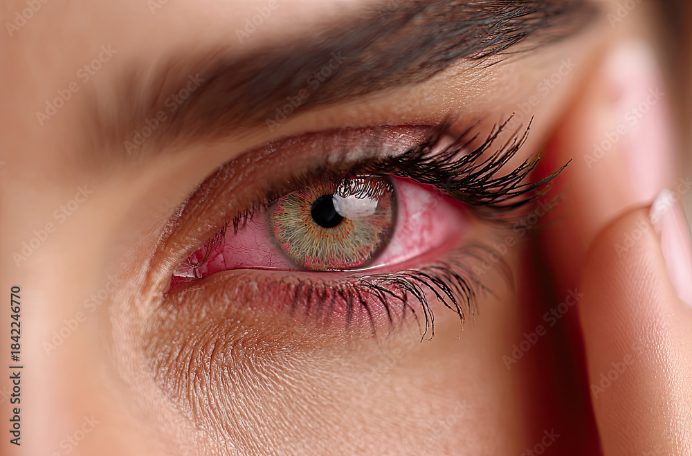 Obraz premium woman touching her eye, striking red and green eye with long eyelashes. image captures moment of curiosity and intrigue, highlighting unique eye color and detail