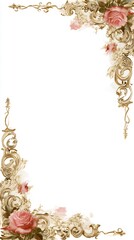Ornate golden frame border with pink rose flower. Decorative elegant design element for wedding invitation or greeting card.