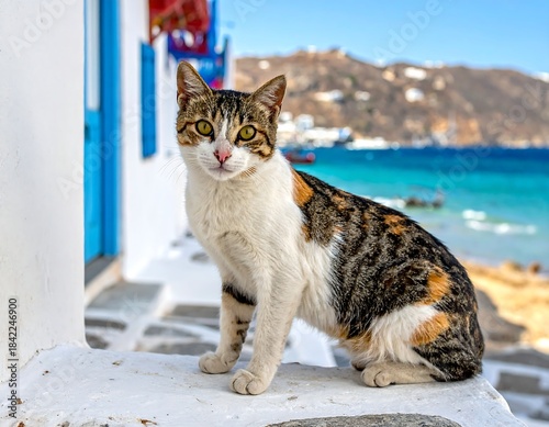 Fototapeta Naklejka Na Ścianę i Meble -  A feline with calico markings sits outdoors in a vibrant, Mediterranean village with ocean and hills in the background