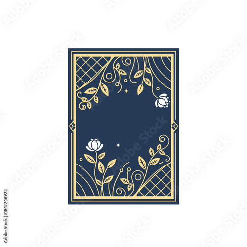 Luxury Ornate Floral Border with Gold Line Art on Navy Blue  Decorative Vintage Pattern Design