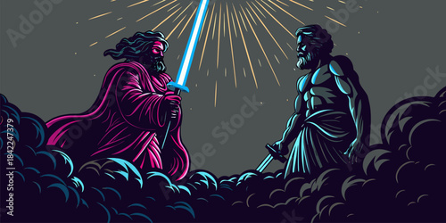 Epic Mythology Scene with Ancient Gods and Mythical Creatures