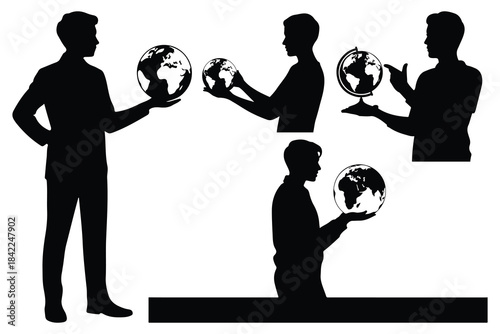 Silhouettes of men holding and interacting with globes
