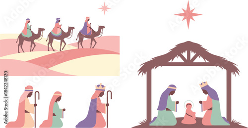 Nativity scene with three wise men and stable illustration