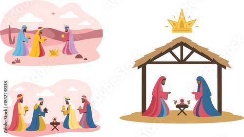 Christmas nativity scene with three wise men and stable illustration