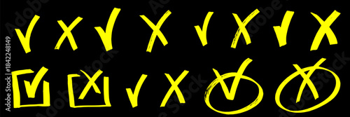 Playful x scribbles and v strokes pair with handmade check marks and check elements, highlighted by marker textures, marker outlines, and expressive brush strokes and brush details.