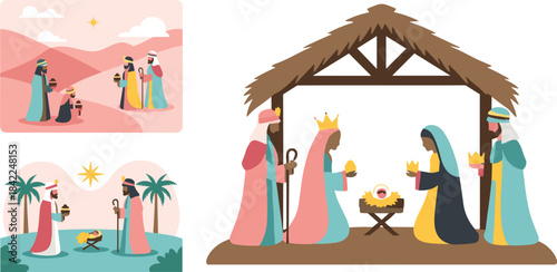 Christmas nativity scene with three wise men and stable illustration