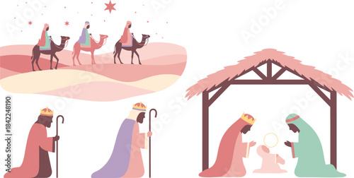 Nativity scene with the three wise men and stable illustration