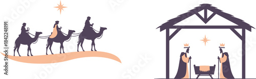 Nativity scene with three wise men and stable illustration