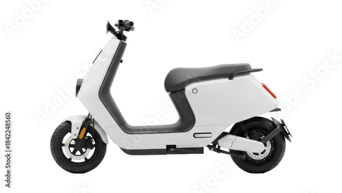 Side view of a white electric scooter with a black seat, designed for urban transportation.