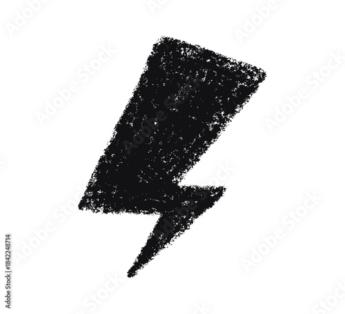 Doodle crayon lightning symbol. Hand drawn chalk lightning with grunge texture. Graphic element for fun collages. Crayon doodle black thunder. Vector pencil illustration isolated on white background.