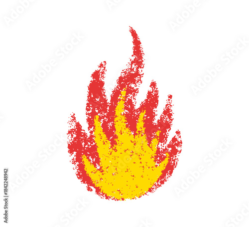Doodle fire in crayon style. Hand drawn flame with grunge sketch texture. Graphic element for fun collage, sticker. Crayon doodle red fire. Vector pencil illustration isolated on white background.