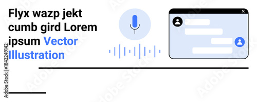 Voice recognition, AI communication, chat interface, digital interaction, messaging technology, virtual assistant. A microphone with voice waves and a chat interface window. Voice recognition and AI