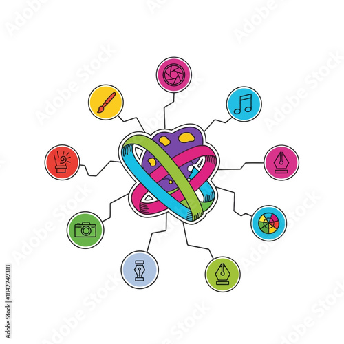 Colorful abstract concept of interconnected creative ideas and design elements