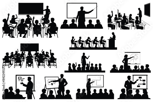 Classroom scenes with teachers and students raising hands