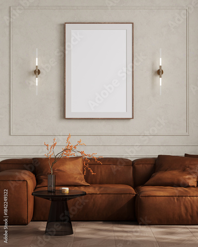Big frame poster mockup in classic interior, living room with couch, 3d rendering