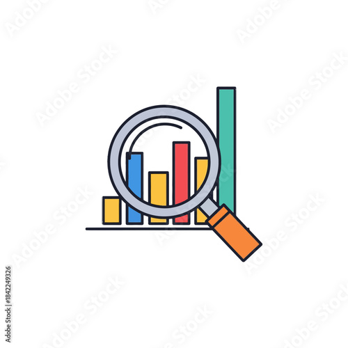 Magnifying glass examining colorful bar chart data for business analytics and research