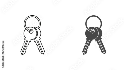 Set of two house keys on a ring shown in outline and solid icon styles