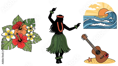 Vibrant Hawaiian Tropical Collection Hula Dancer, Exotic Flowers, Ocean Sunset, and Ukulele. Perfect vector elements for island-themed summer vacation designs