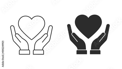 Two styles of hands gently holding a heart icon representing care and charity
