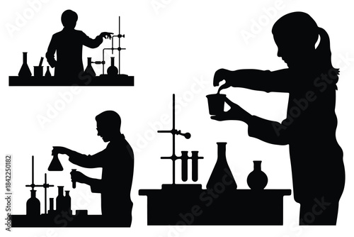 Silhouettes of scientists in laboratory with beakers and flasks