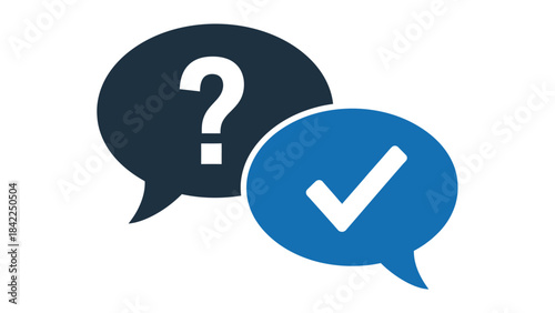 Question and answer concept with dark question mark and blue checkmark speech bubbles