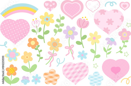 Pastel cute icons such as flowers, stars, heart, rainbow, ribbon for nature, garden, plants, tree, blossom, blooming, sign, symbol, blank space, text, messages, stickers, cartoon, floral, decoration