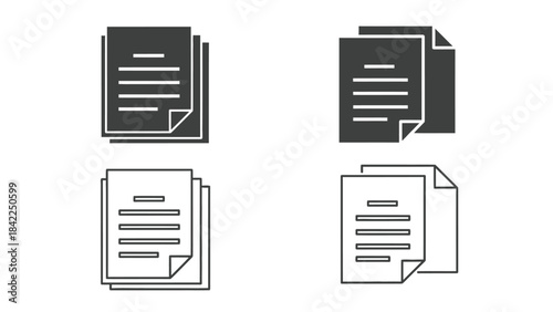 Four distinct document icons representing files and paperwork in solid and outline styles