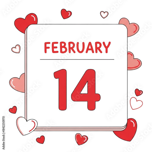 February 14 Cartoon Calendar Page with Cute Heart Accents