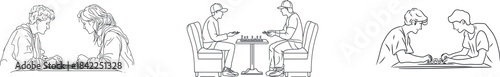In a modern illustration, the sport of chess is conceptualized through a continuous one line drawing where two people are deeply engaged in playing, with the pawn and queen being the central chess