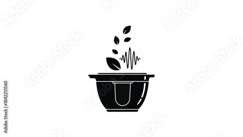 Black bowl with leaves and sound waves eco friendly wellness concept minimalist design