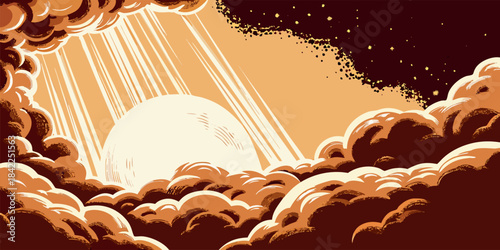 Ethereal Moonbeam Light Rays Through Night Sky Atmosphere