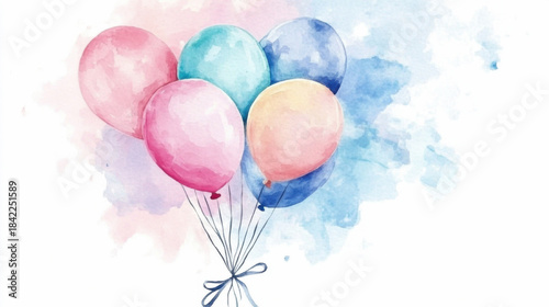 Watercolor balloons in soft pastel colors floating against a light abstract background. Balloons Around the World Day. Birthday Celebration Cake, International Cake Day