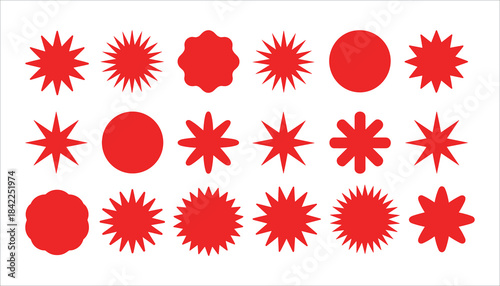Collection of red starburst and circular shapes on a white background circle
