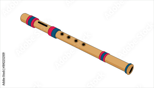 Bamboo flute with red and blue decorative bands and finger holes on a white background woodwind musical instrument