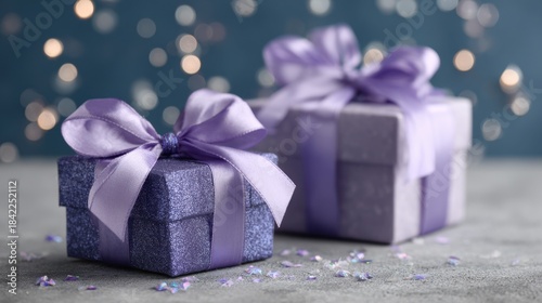 Pair of purple gift boxes with ribbons on grey surface